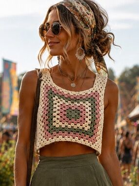 Vintage Hand Knit Crochet Vest Boho Granny Square Festival Top, S